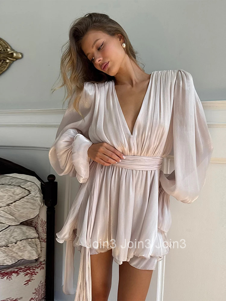 Sexy V-neck Flared Sleeve Mini Dresses Women Fashionable Solid Pleated High Waist Short Dress Female Summer Chic Casual Holiday