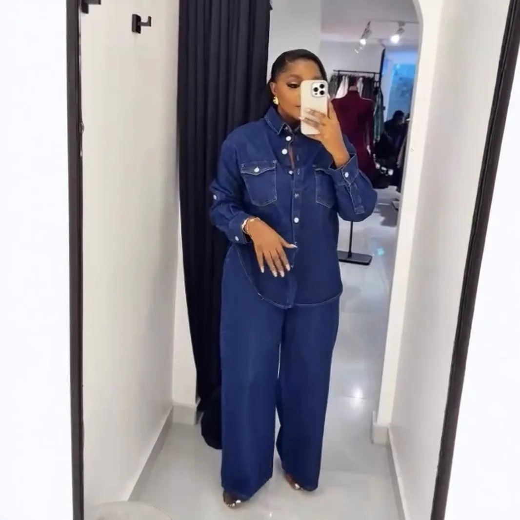 Women Denim 2 Piece Sets Coat Jeans Pockets Single Breasted Turn Down Collar Outfits Distressed Jacket Straight Pants Suit 2025 250728