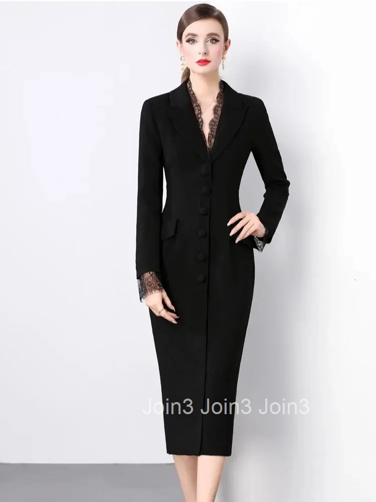 Elegant Autumn Black Blazer Dress Women Notched V-Neck Single-Breasted Long Sleeve lace Trims Bodycon Dress Office Lady Formal