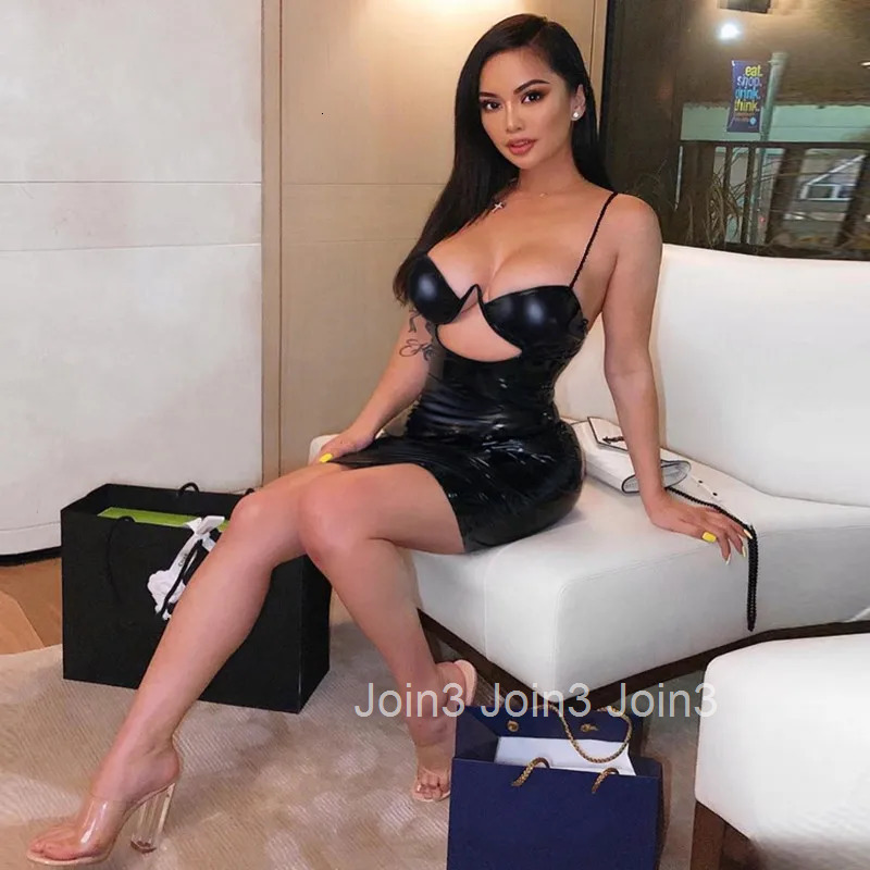 PU spaghetti straps hollow out sexy high waist slim black solid summer women new fashion party bodycon mini dress