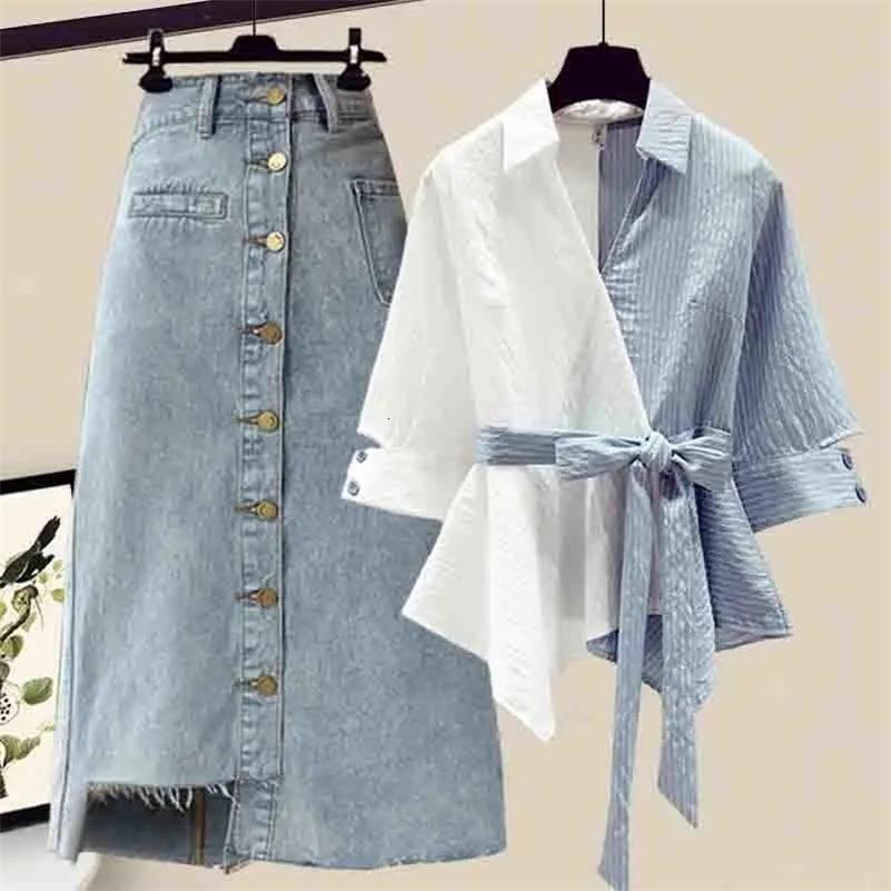 Large M-4xl Womens Spring And Summer Suit Fashionable Thin Age Reducing Shirt Short Sleeve Skirt Two Piece Set Womens Suit 250728
