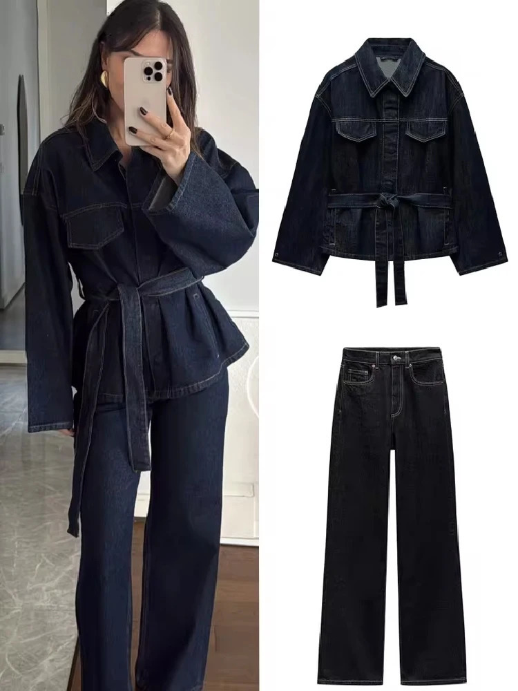 Women Two Pieces Set Denim Pant Sets Single Breasted Long Sleeve Belt Coat Wide Leg Trousers Jeans Female 2 Pieces Outfits 2025 250728