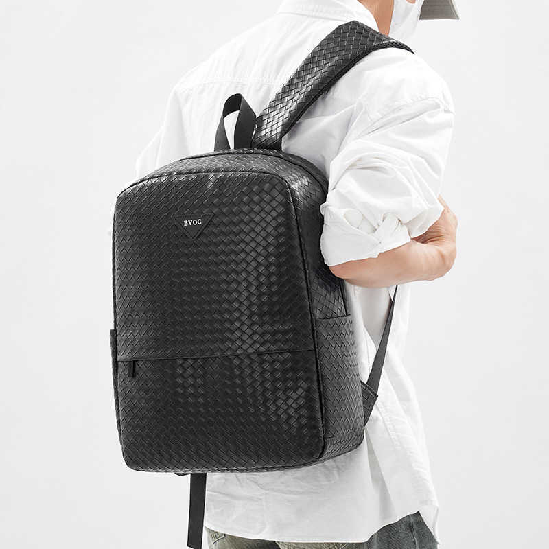 New Large Capacity Woven Fashion Men's Backpack Multifunctional School Bag Casual Business Black Laptop Bag 250815