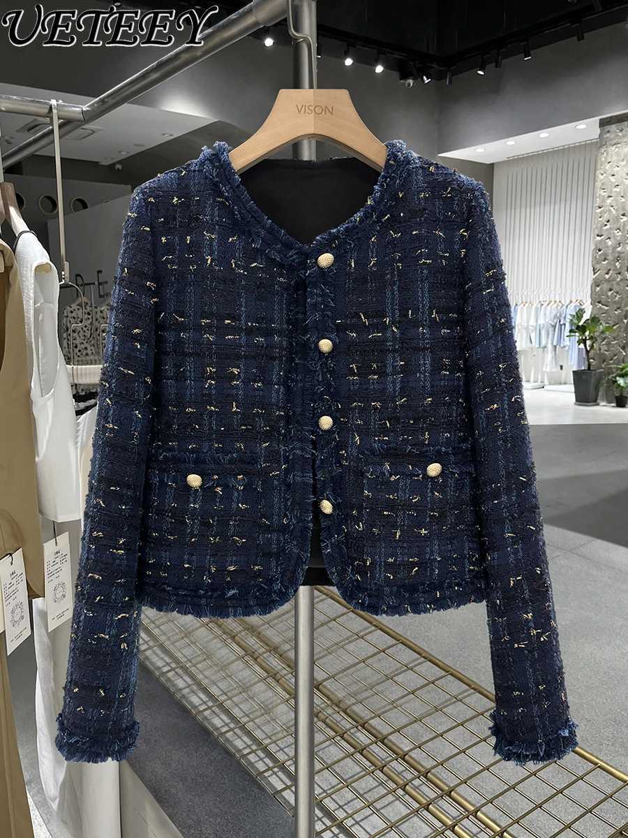Dark Blue High-grade Textured Round NeCK Short Coat Womens New Autumn and Winter Light Exquisite Trend JaCKet Z250804