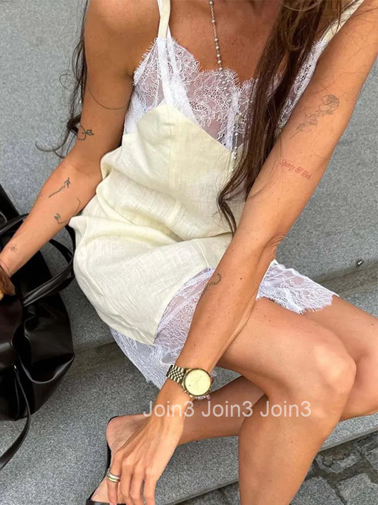 Ladies Lace Patchwork Summer Short Dress Women Sexy High Waisted Sleeveless Backless Sling Party Beach Dress Prom Gown Vestidos