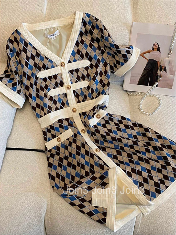 Summer Vintage Small Fragrance Dresses For Women V-Neck Print Short Sleeve Dress Single Breasted Slim Waist Mini Dress