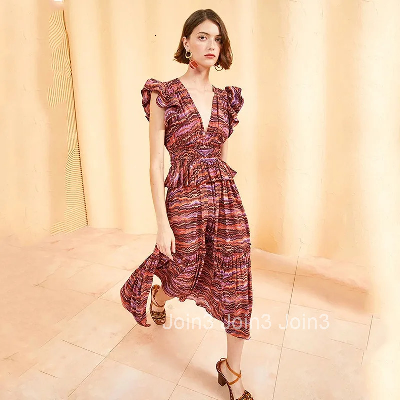 Women New Summer Printing V-neck High Waist Sleeveless Ruffled A-line Dress
