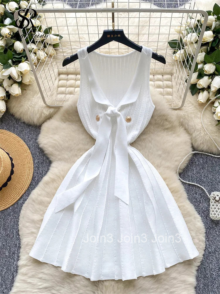 SINGREINY Simple Style Solid Knitted Dress Women Sleeveless Deep V Neck Lace Up Skinny Design Korean Elegant Stripe Short Dress