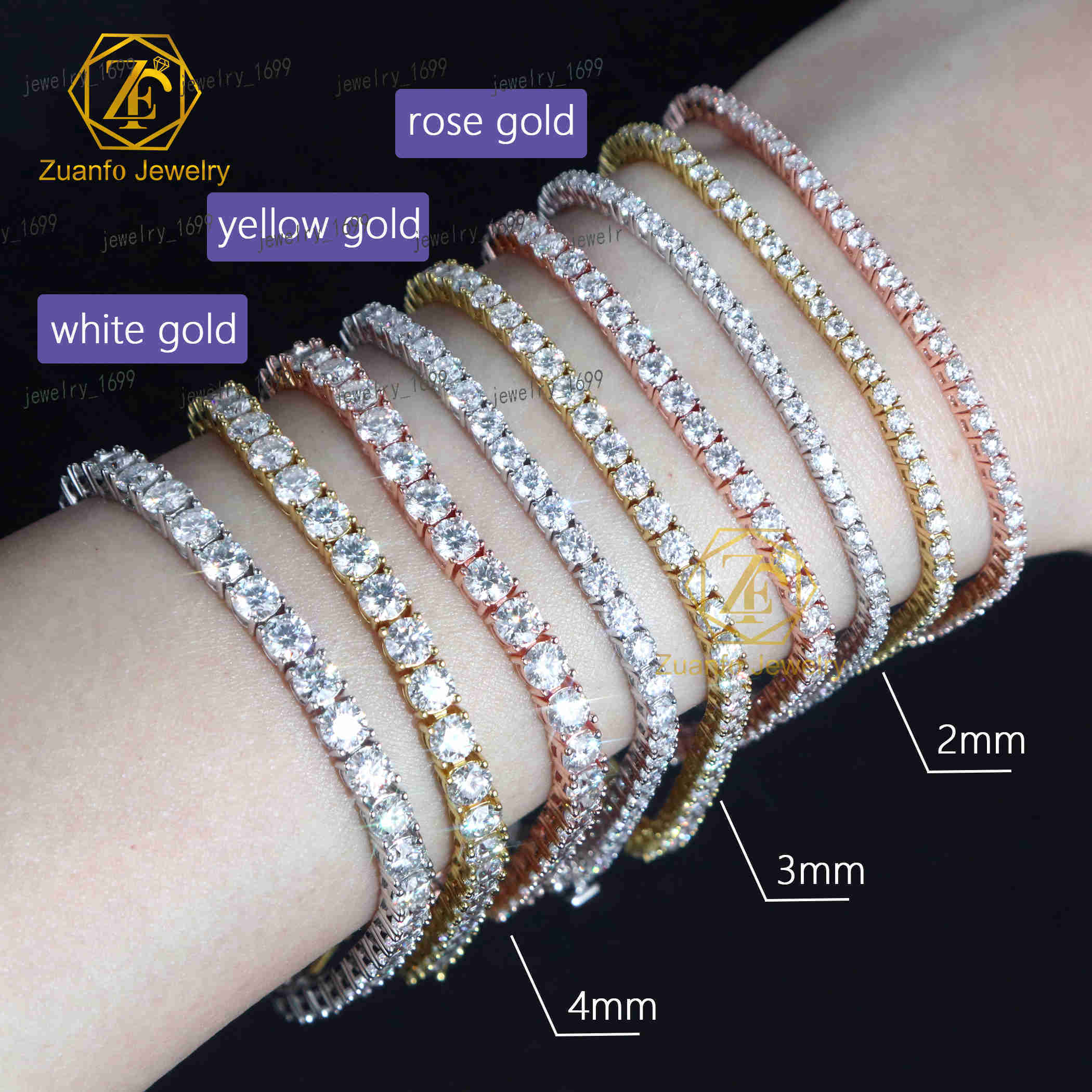 Hip Hop 925 Silver Gra VVS Moisanite Diamond Tennis Chain de tennis Femmes 3 mm 4 mm 5 mm Moisanite Tennis Link Bracelet Cadeaux