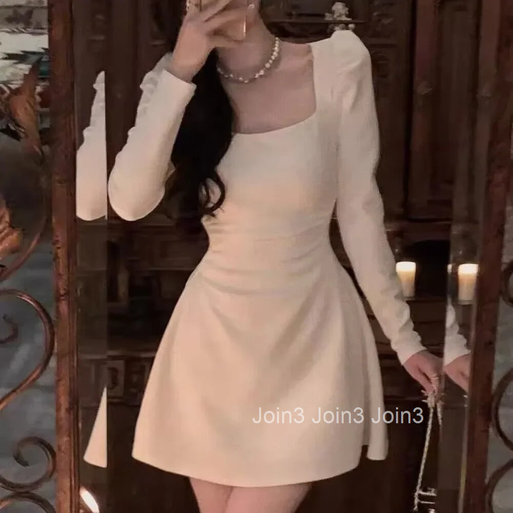 Womens Korean Style Pure Desire Simple Solid Color Square Collar Long Sleeve Autumn New Waist Cinched Gentle A- Line Mini Dress
