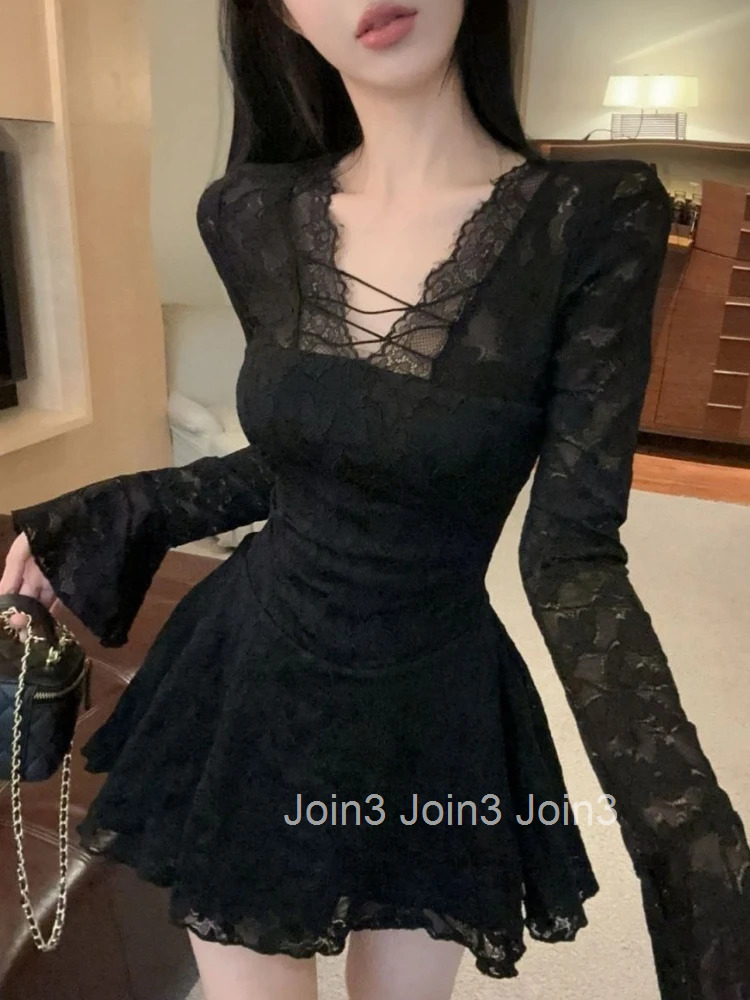 Korean Sexy Hollow Out Lace Long Sleeved Dress Black Fashion Design Thin Slim Dressses Hot Girl Spring Chic Skinny Y2k Clothing