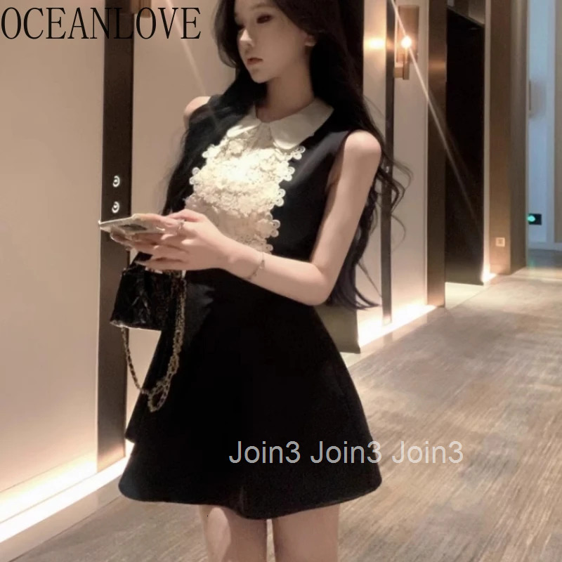 OCEANLOVE Mini Dresses Lace Patchwork Sleevelesss Spring Summer Black Women Dress Korean Fashion Retro Sexy Vestidos Mujer