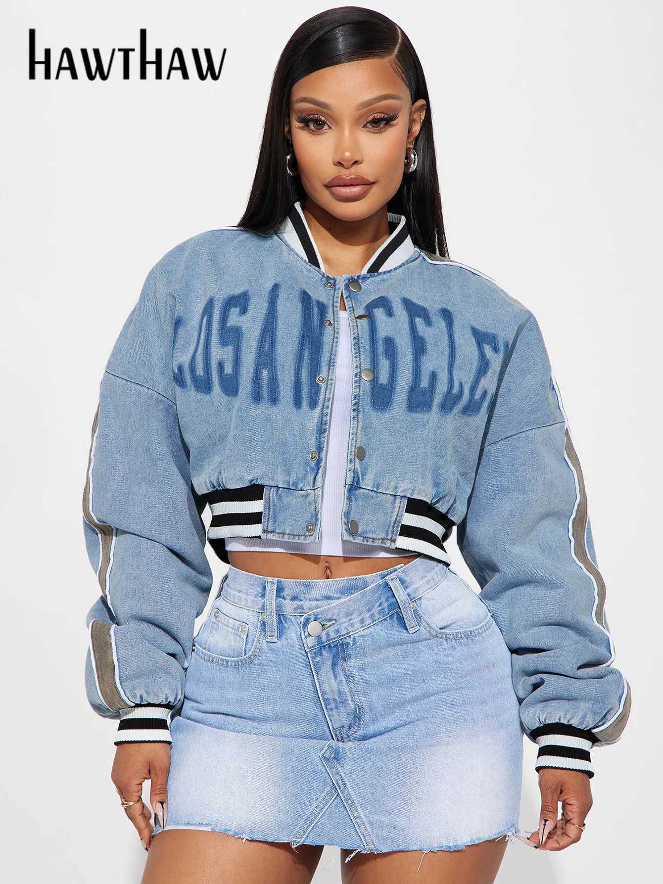 Hawthaw Women Autumn Winter Long Sleeve Streetwear Letter Print Denim Hoodie Coat Jacket Tops Wholesale Items For Business Z250804