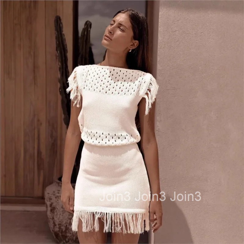 Sexy Hollow Out Mini Dress Women Summer Fashion Elegan Tassel Knit Sleeveles Vestidos Solid Color Streetwear Round Neck Dresses
