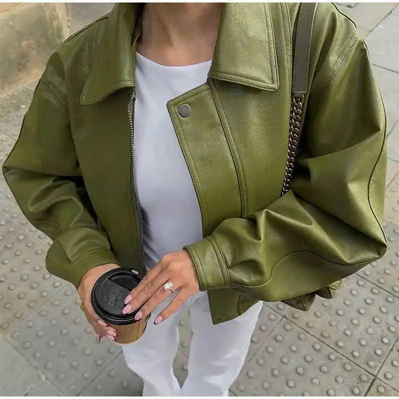 European And American Retro Green Motorcycle Jacket Womens Autumn And Winter Personalized Lapel PU Leather Jacket Z250804