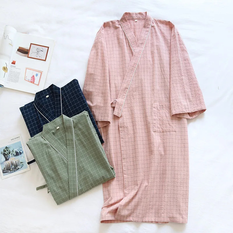 Japanese Kimono Bathrobe Summer Style Cotton Couple Nightgown Home Service Female Thin Large Size Mens Plaid Kimono Robe 250801