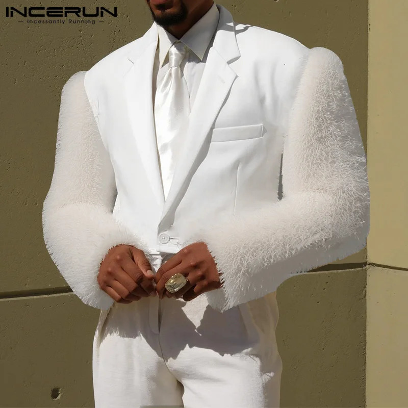 INCERUN Tops American Style Fashion Mens Splicing Plush Loose Suit Coat Casual Clubwear Male Solid Long Sleeved Blazers 250801