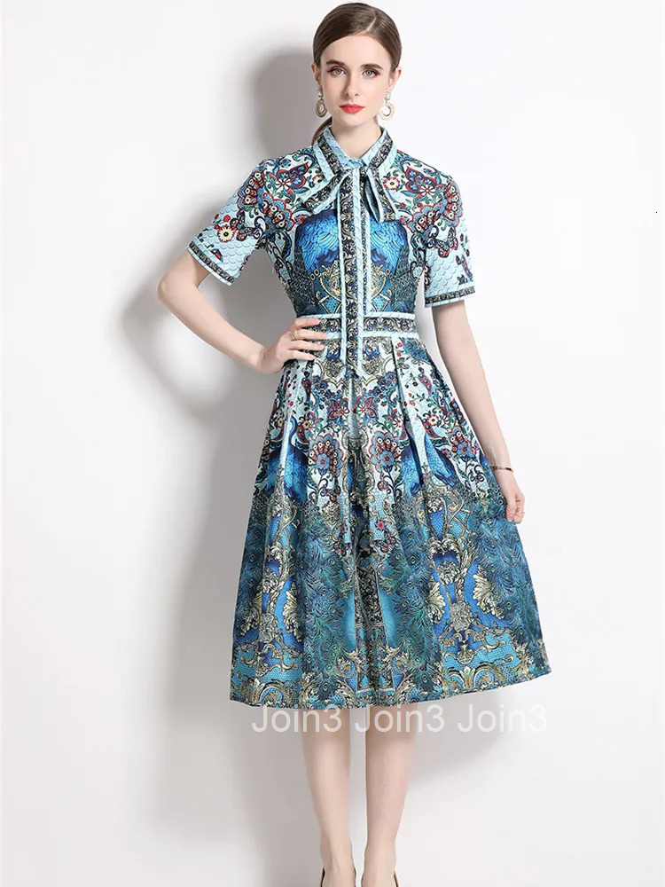 Summer Fashion Flower Peacock Print Party Dress Women Short Sleeve Turn Down Collar A Line Holiday Bow Lace Up Midi Vestidos