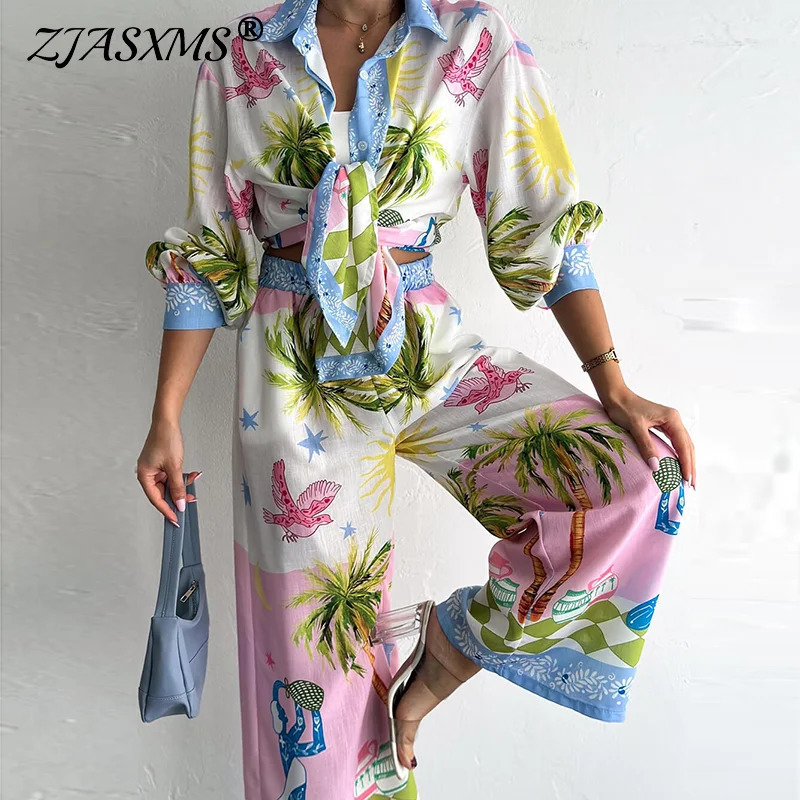Autumn Fashion Printed Linen Tops Long Pant Sets Summer Woman Beach Holiday Suit Casual Loose High Waist Wide Leg 2 Piece Sets 250728