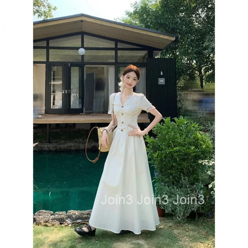 Sweet Lace V-neck Short Sleeve Dress Womens Fashion Slimming A- line Long Gown Summer New Style Empire Waist Ankle-length