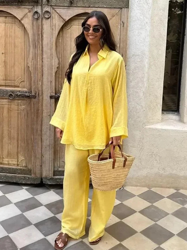 Women Casual Yellow Linen Shirt Set 2025 Summer Loose Wide Leg Pant Lapel Blouse Outfit Vacation Comfortable Cotton 2 Piece Suit 250728