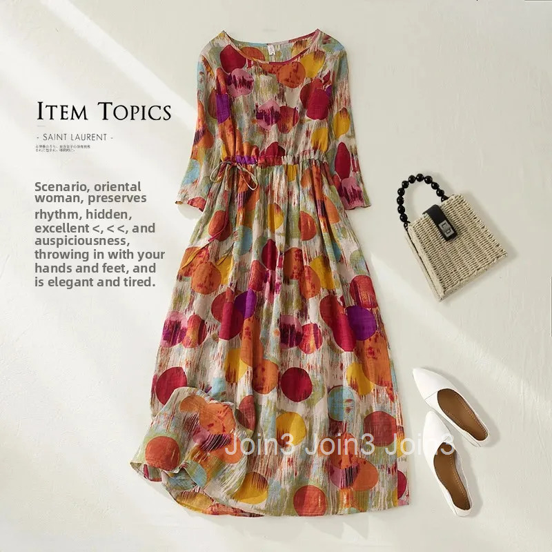 Summer New Retro Artistic Print Cotton Lin Loose Long Dress Womens Short Sleeve Empire Waist Gown with Belt Ankle Length