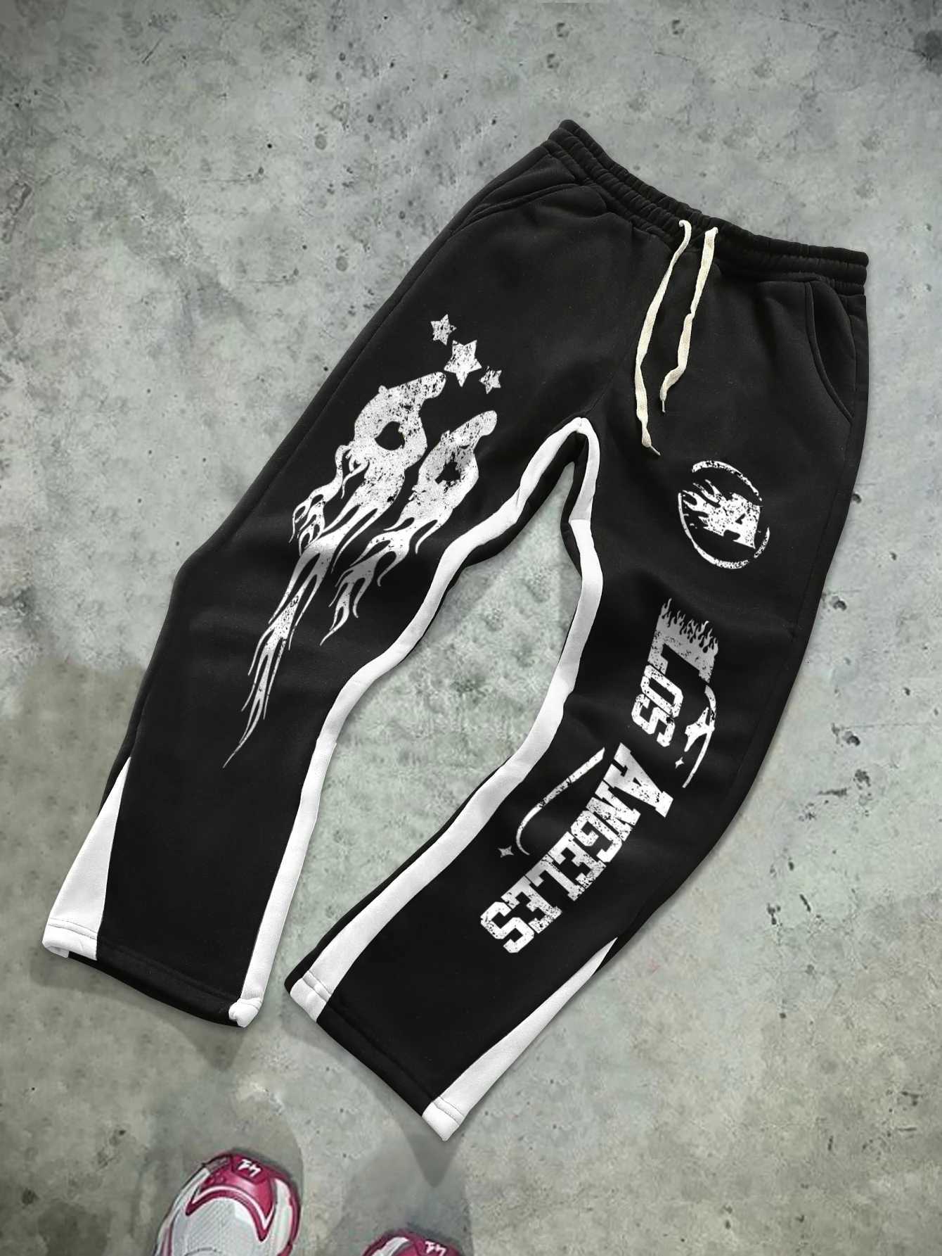 American Autumn-Winter Trendy Brand Contrast Print High St Graffiti Drawstring Mens Slightly Flared Hip-hop Pants X250804