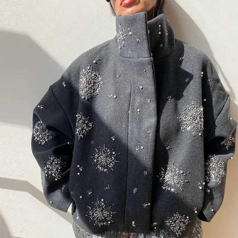 Casual Embroidery Beading Loose Women Coat Lapel Collar Bat Sleeve Solid Wool Blend Jacket 2025 New Lady Spring Outerwear Z250804