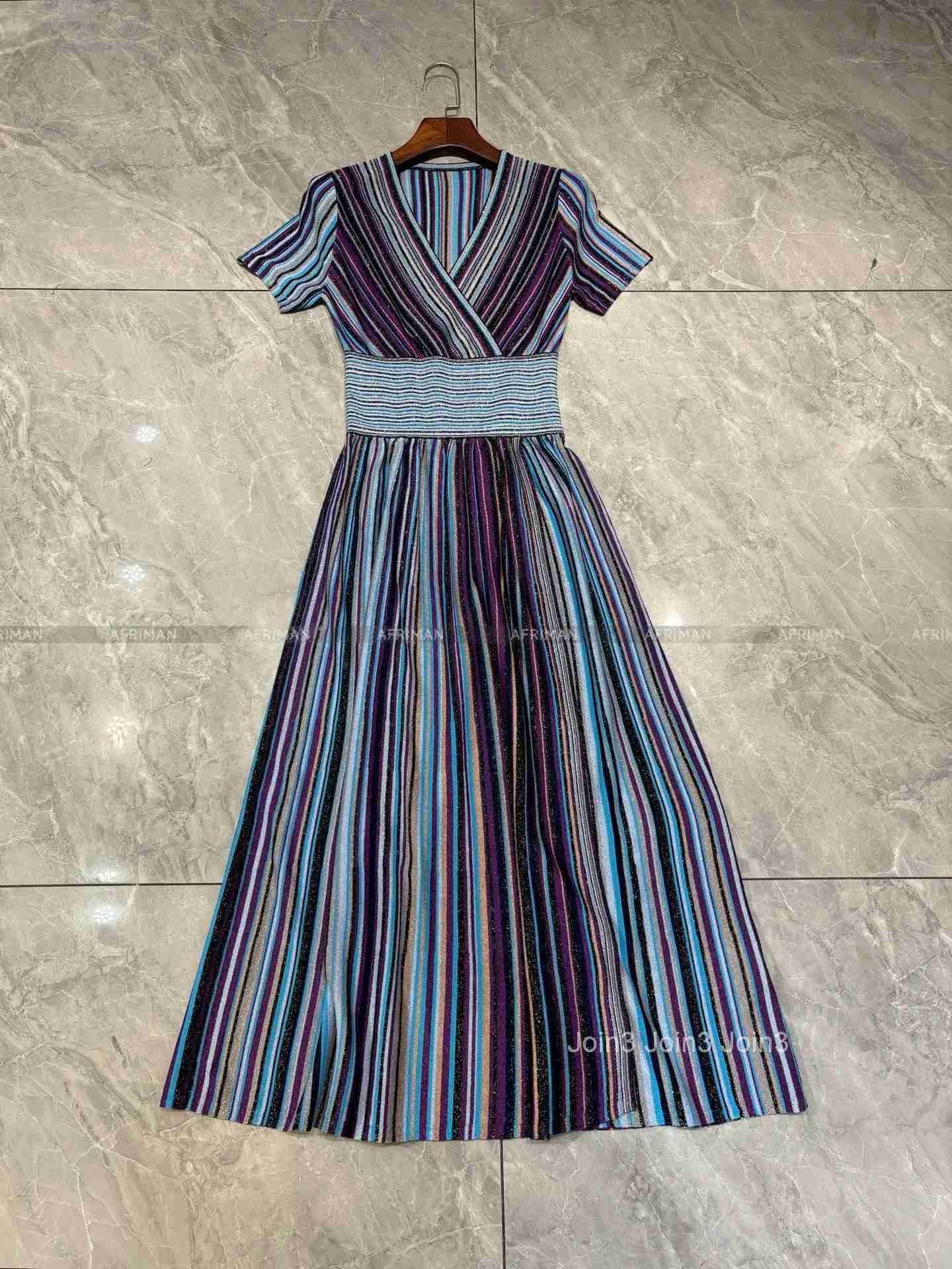 Women V Neck Short Sleeve Metallic Sequined Mosaic Stripe Waist Temperament Long Knitted Dress