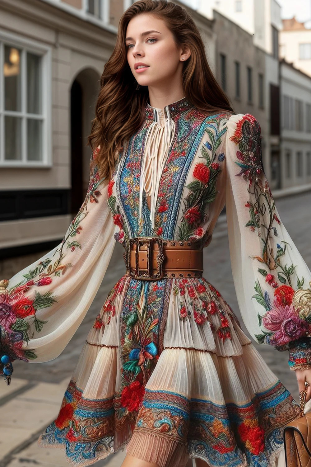 Women Flora Printed Dress See Through Elegant Chic Ethnic Reteo Lantern Sleeve Bandage Mini Dresses Long Sleeve Tassel Dress 250728