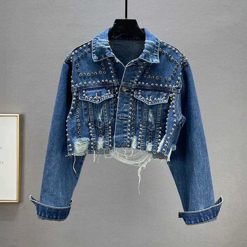 Spring Autumn New Womens Denim Jacket Rivet Studded Jean Jacket Women Worn Nail Bead Casual Jean Jacket Top Z250804