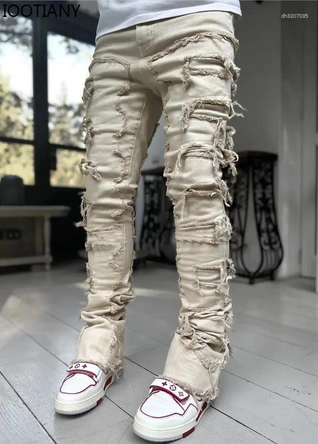 Men's Jeans Fashion Stret Man Sed Elastic Waist Straight Fit Patworks Denim Long Pants Fringe Ripped For Men L261014a