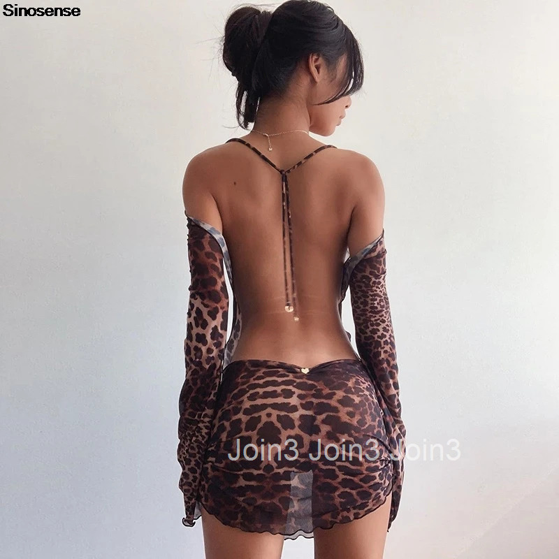 Womens Leopard Print Dress Sexy Backless Sheer Mesh See Through Bell Sleeve Slim Bodycon Tight Dress Y2K Night Club Party Dress