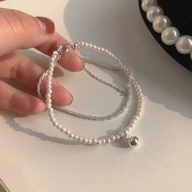 925 Sterling Silver Pearl Bead Bracelets For Women Korean Trend Double Layer Sparkling Bell Bracelet Party Jewelry Wedding Gift XJ250804