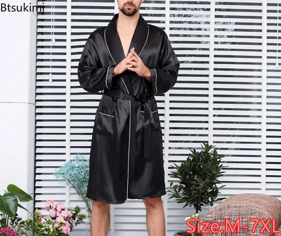Mens Summer Thin Pajamas Robes Mens Homewear Long Sleeve Kimono Bathrobe Black Silk Satin Sleepwear Male Lounge Nightwear 250801