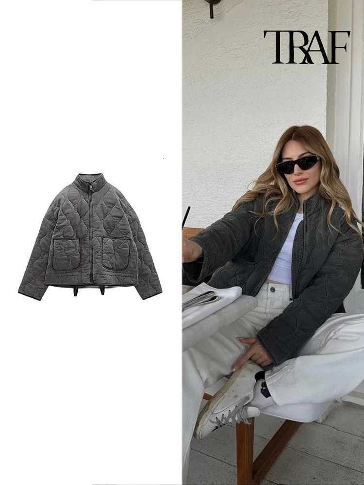 TRAF Womens Fashion Plaid Cotton Jacket Winter Warm Pocket Jacket Vintage Casual Loose Long Sleeve Zipper Street Jacket Z250804