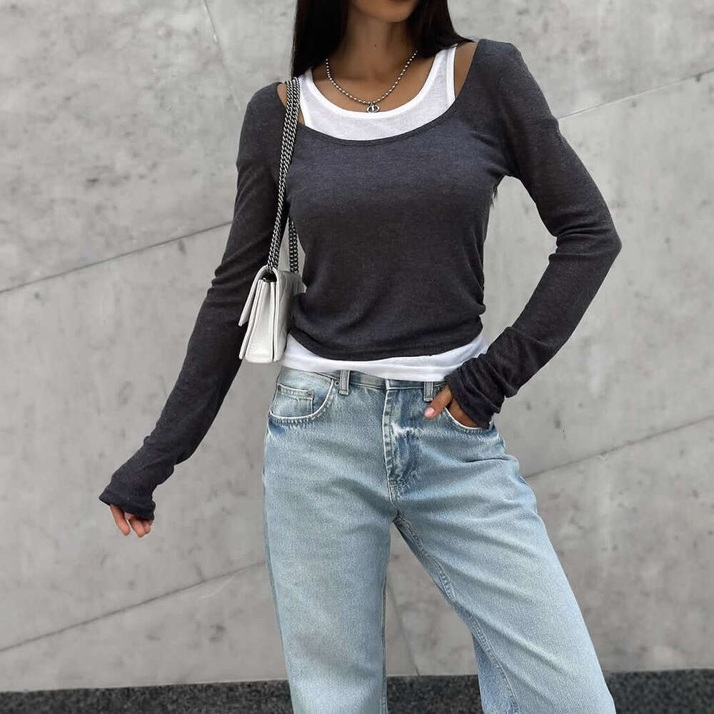 Color Block Fake Two-Piece Long Sleeve T-Shirt For Women Spring And Autumn Slimming Modal Layering Base Shirt B5