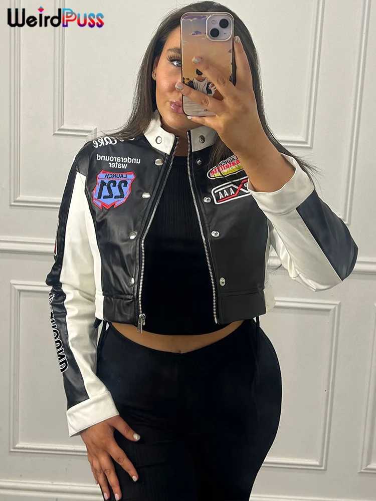 Weird Puss Hipster Faux Leather Jacket Women Y2K Letter Print Hipster Uniform Street Single-Breasted Hipster Autumn Trend Coat Z250804
