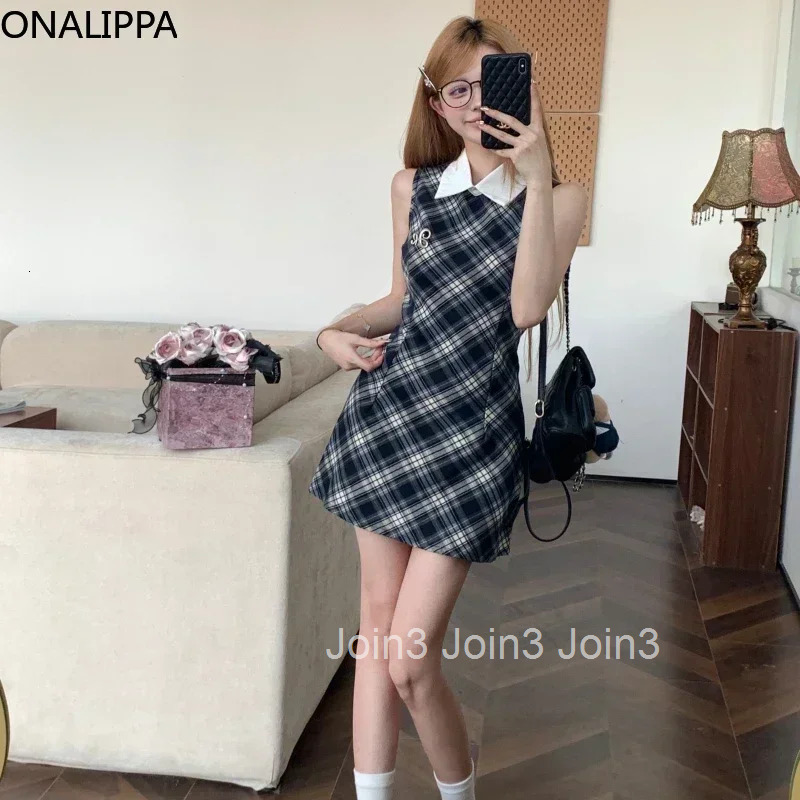 Onalippa Vintage Plaid Mini Dress Women Waist Belt Polo Collar Sleeveless A Line Dresses High Street Contrast Vestidos