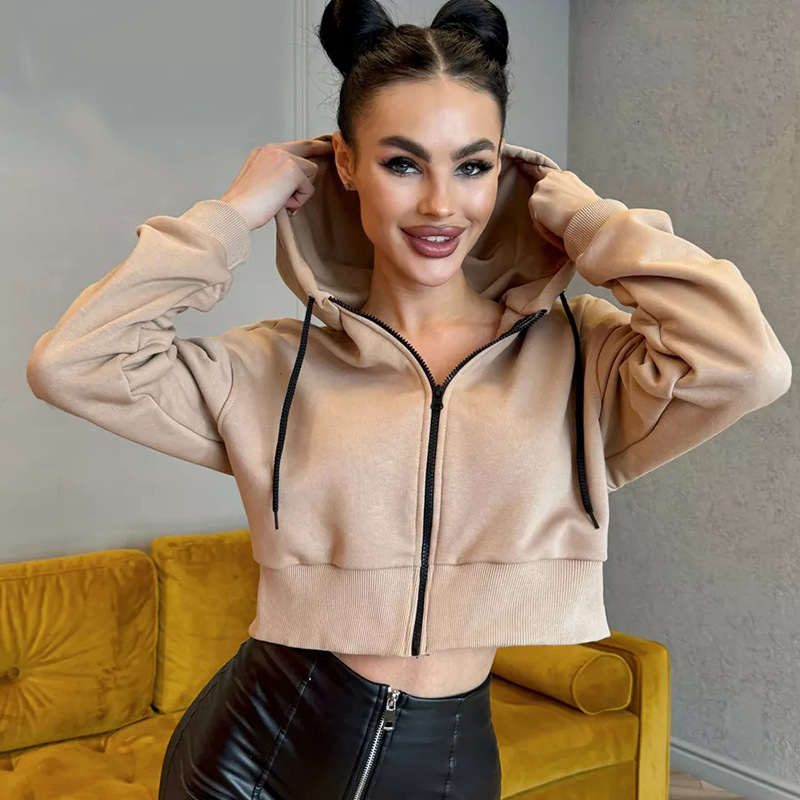 Free Shipping Designer Hoodie 2025 New European And American Women's Long Sleeved Hooded Zipper Cardigan Sexy Exposed Waist Wool Sportswear