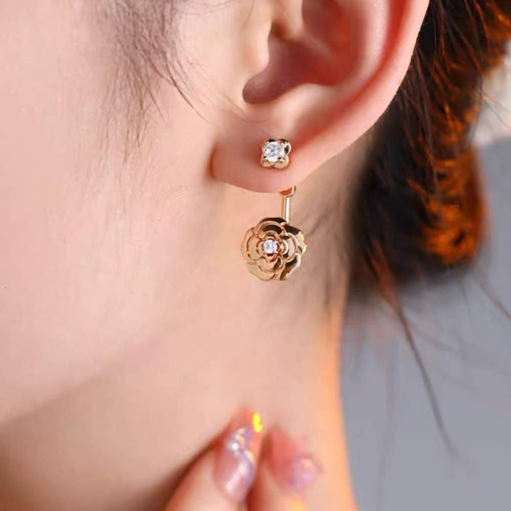 Free Shipping 2025 New Designer Jewelry Silver Exquisite High-end Camellia Earrings Double Wear Jewelry Craft Inlaid Diamond Flower Earrings