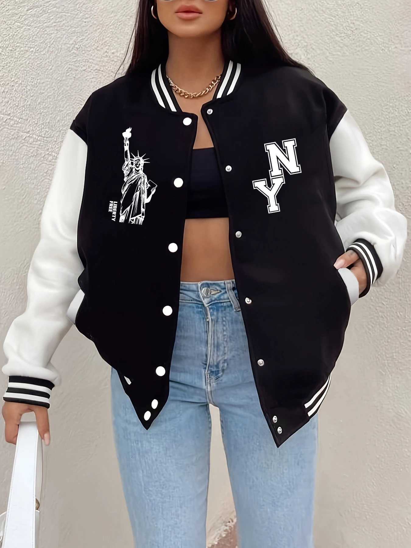 Statue of Liberty New York Prints Baseball Women Comfortable Loose Coats Winter FLeece Warm Jackets Basics Casual Clothes Z250804