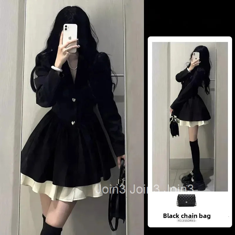Black Suit Style Long Sleeve Dress Womens Fashion Puffy Skirt V-neck Mini Dress Autumn New Style Versatile Elegant Personality