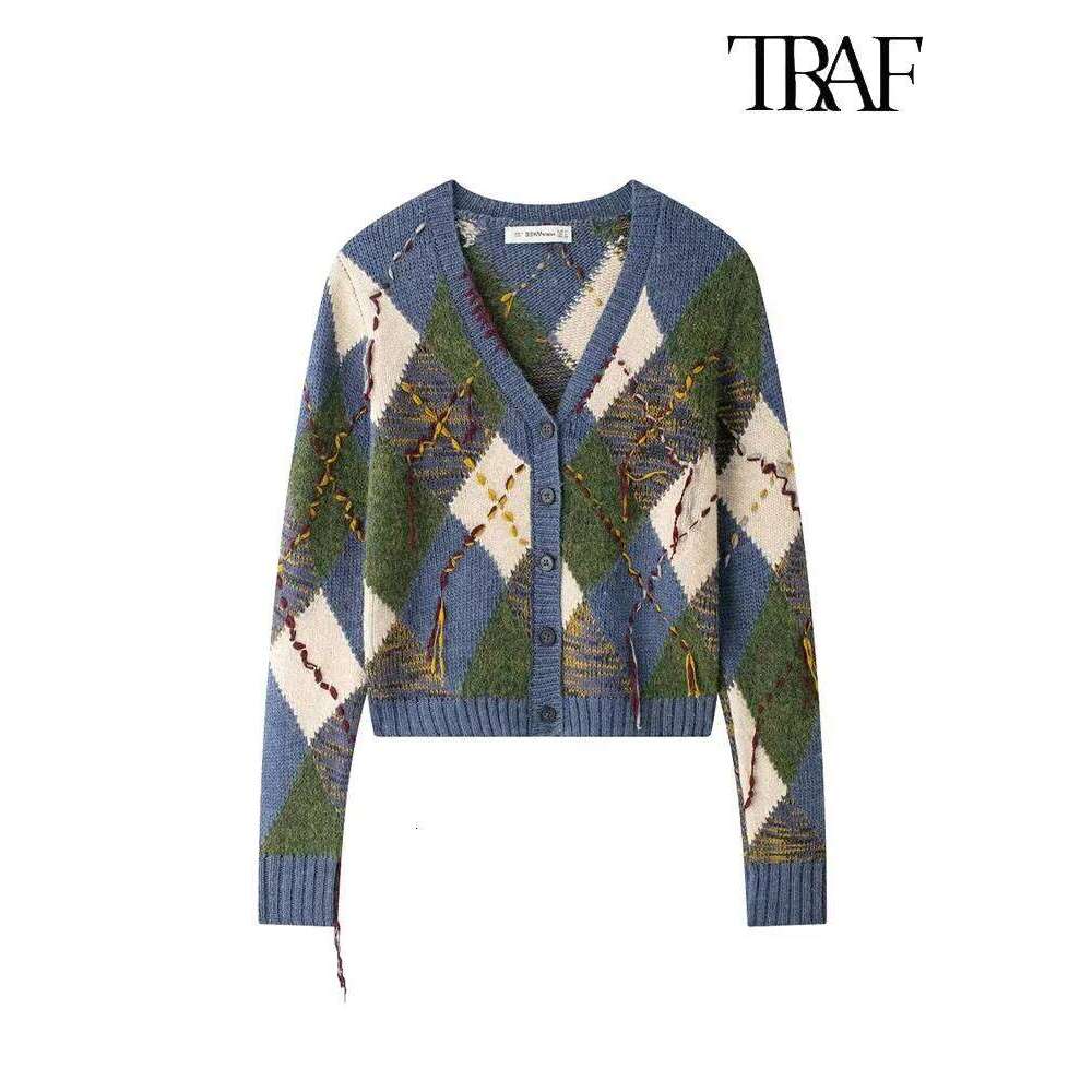 TRAF Women's Fashion 2024 Street Style Colorblocked Dia Pattern Knitted Cardigan Vintage V-Neck Long Sleeve Sweater Jacket 250730