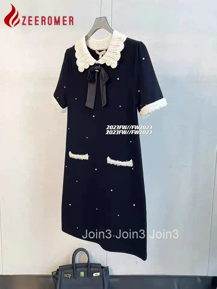 New Summer Fashion Small Fragrant Style Bow Diamond Knitted Dress Women Short-Sleeve Beading Patchwork Sweater Mini Dress