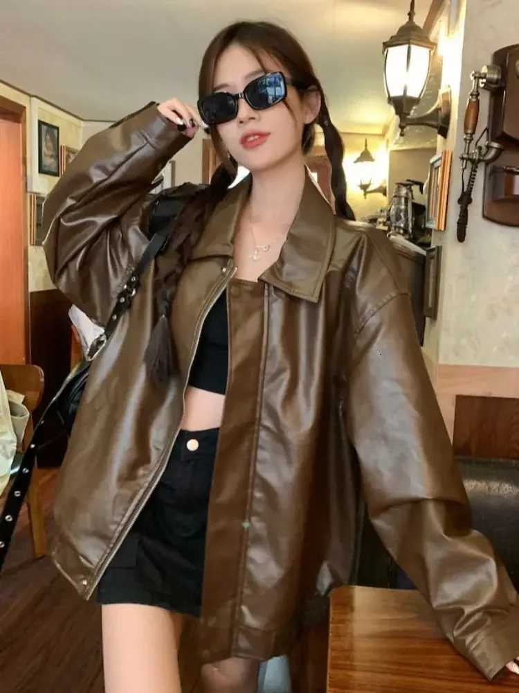 Vintage Maillard Brown Leather Jacket For Women Fall And Winter PU Leather Bomber Jacket Streetwear Women Versatile Outerwear Z250804