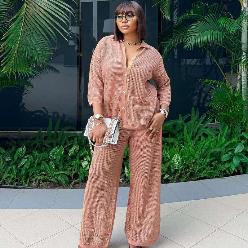 Plus Size Fashion Turn-Down Collar Knit Cardigan Wide-Leg Pants Two-Piece Set Women's Outfit B5
