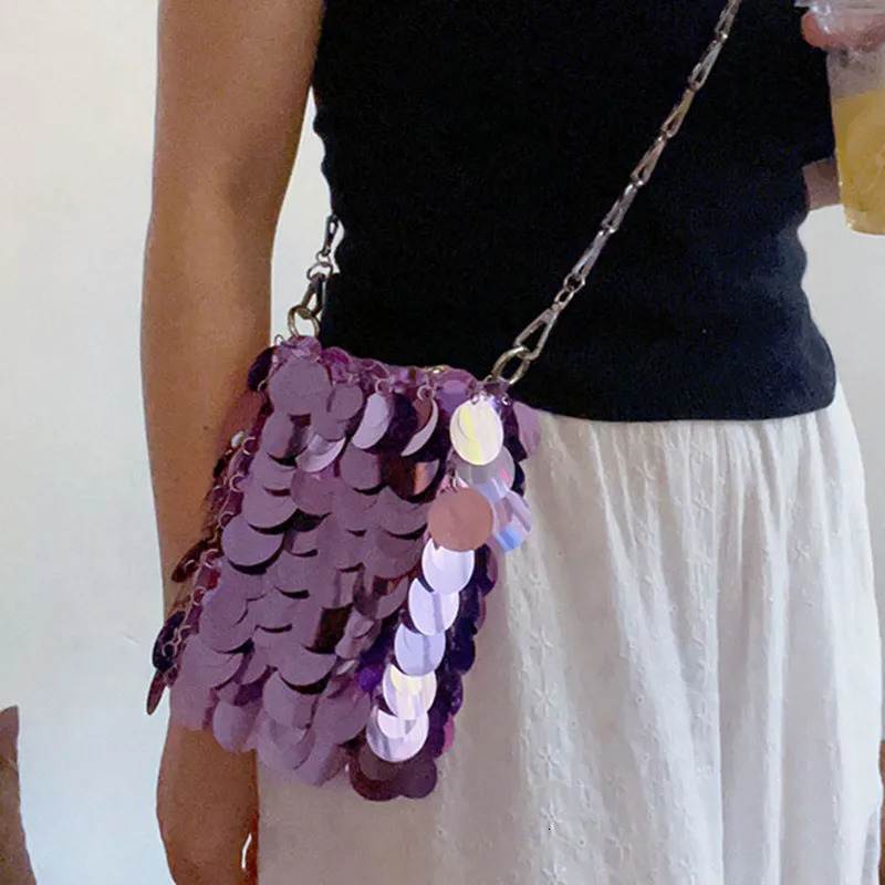 Women Bags er Metal Sequins Chain Woven Bag Hollow Evening Bags Clutch Travel PVC Holiday Shoulder Bag Handbag 250728