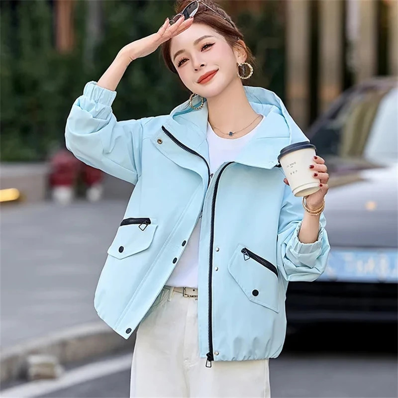 Fashion Hooded Short Jacket Women Casual Top Outerwear Streetwear Coat Student Loose Windbreaker Spring Autumn Safari Style 2025 250804