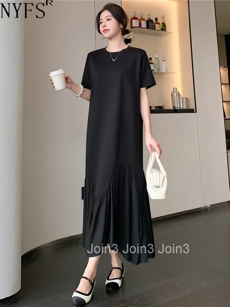 NYFS Summer New Korea Irregular Woman Dress Vestidos Robe Elbise Loose Plus Size Patchwork Short Sleeve Long Dress